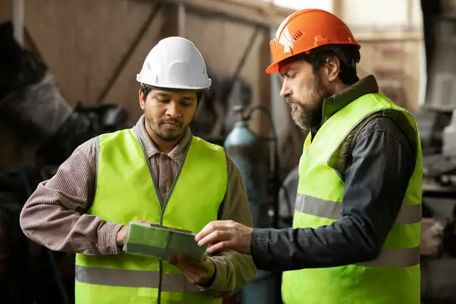 Dos ingenieros con casco y chaleco revisan información en una tableta dentro de una planta